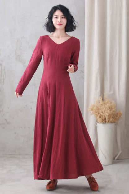 Wine Red Linen Maxi Dress - V Neck, Long Sleeve, A-Line Swing 3330