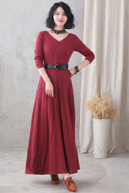Wine Red Linen Maxi Dress - V Neck, Long Sleeve, A-Line Swing 3330