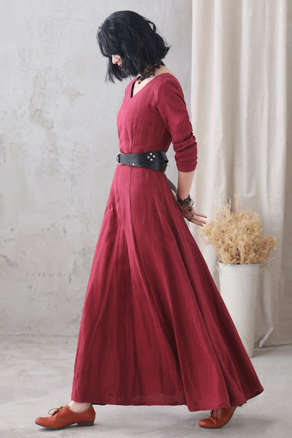 Wine Red Linen Maxi Dress - V Neck, Long Sleeve, A-Line Swing 3330