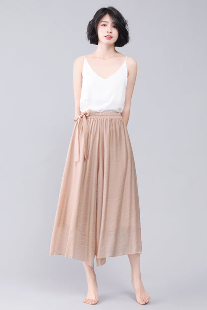 Cropped Wide Leg Summer High Elastic Waist Skirt Pants 3567