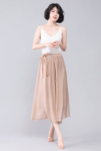 Khaki Women Wide Leg Summer Loose Skirt Pants 3567#