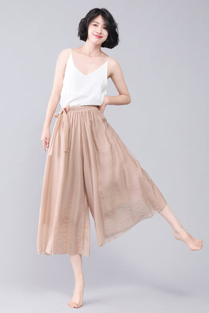Khaki Women Wide Leg Summer Loose Skirt Pants 3567#