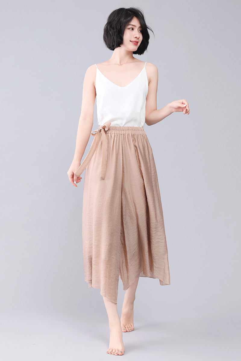 Cropped Wide Leg Summer High Elastic Waist Skirt Pants 3567