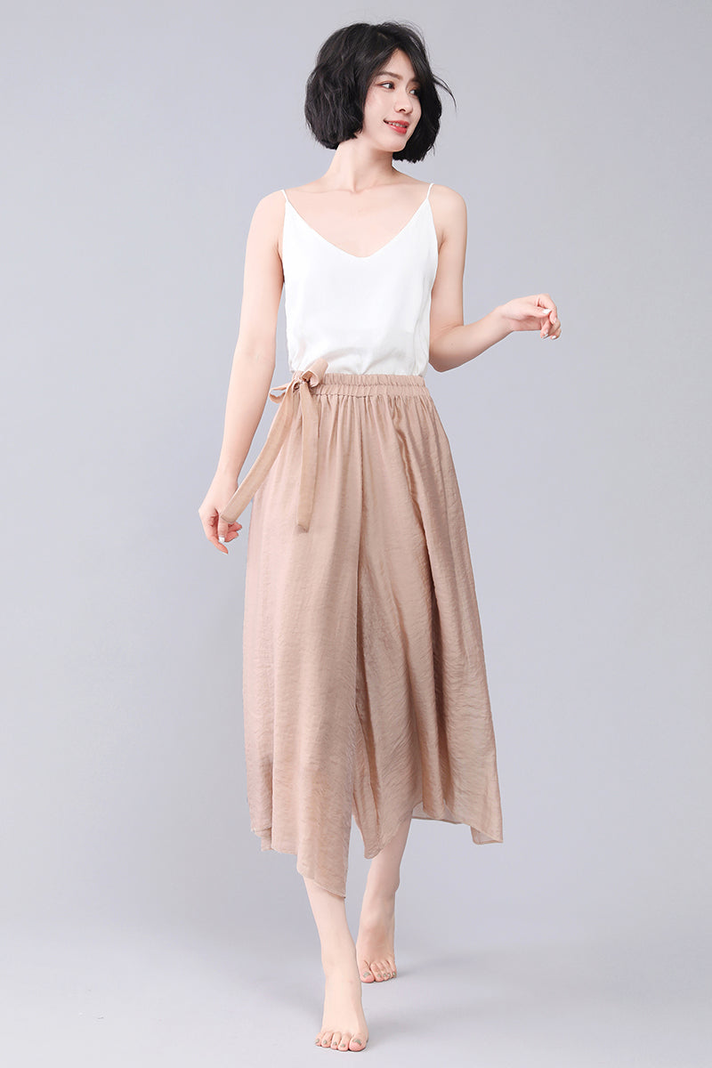 Khaki Women Wide Leg Summer Loose Skirt Pants 3567#