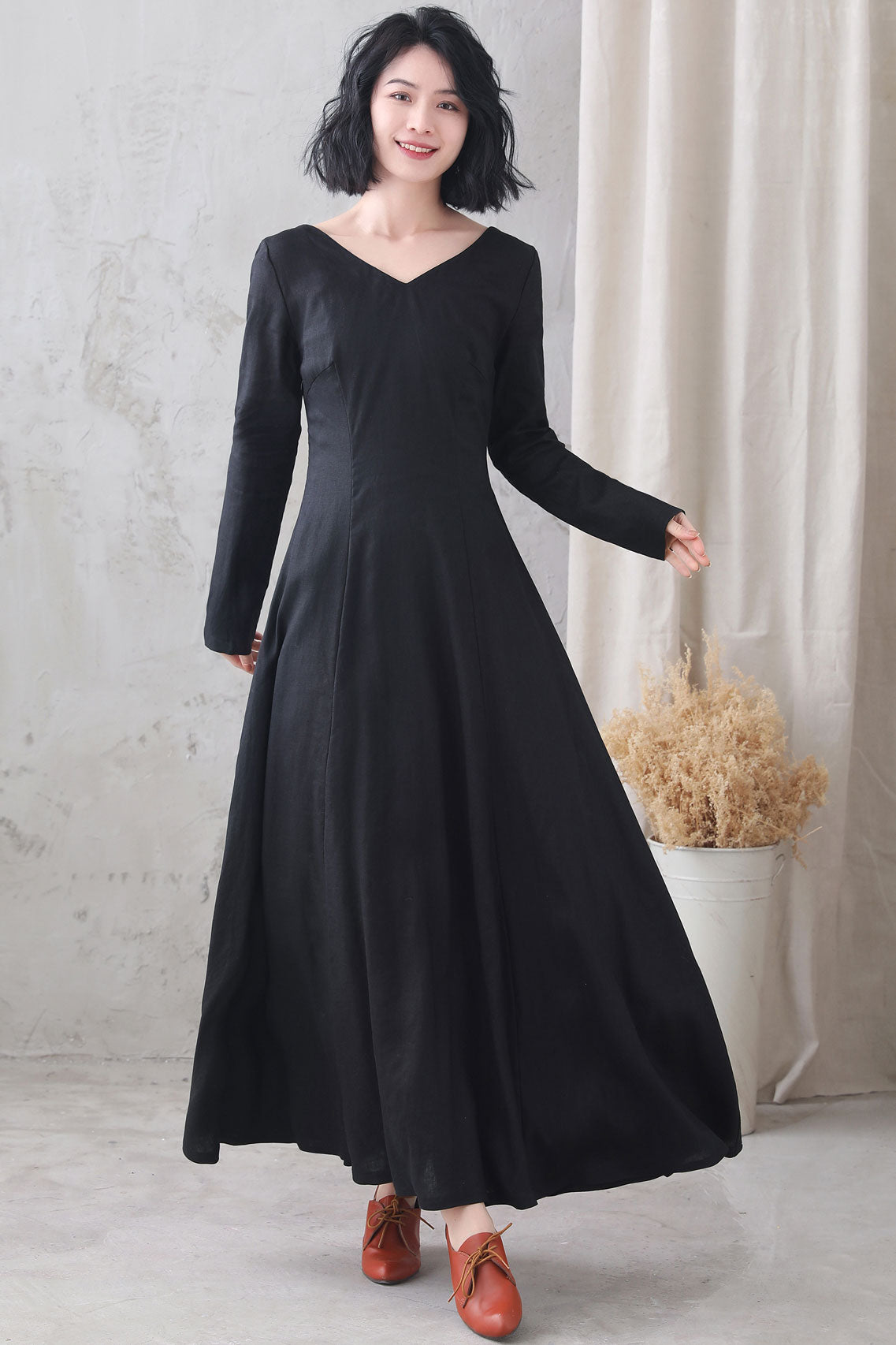 Black Linen Maxi Dress with Vintage Inspired A-Line Silhouette – Xiaolizi