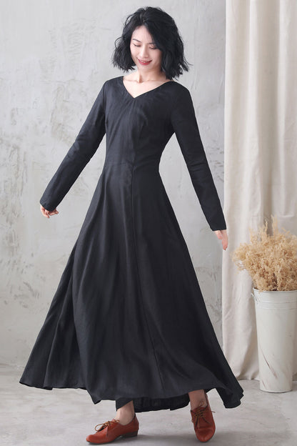 Black Linen Maxi Dress - Vintage Inspired A-Line Silhouette 3332