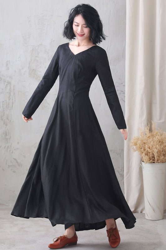 Black Linen Maxi Dress - Vintage Inspired A-Line Silhouette 3332