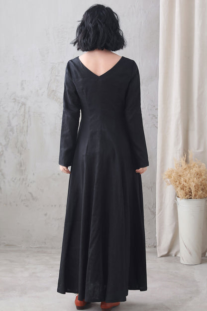 Black Linen Maxi Dress with Vintage Inspired A-Line Silhouette – Xiaolizi