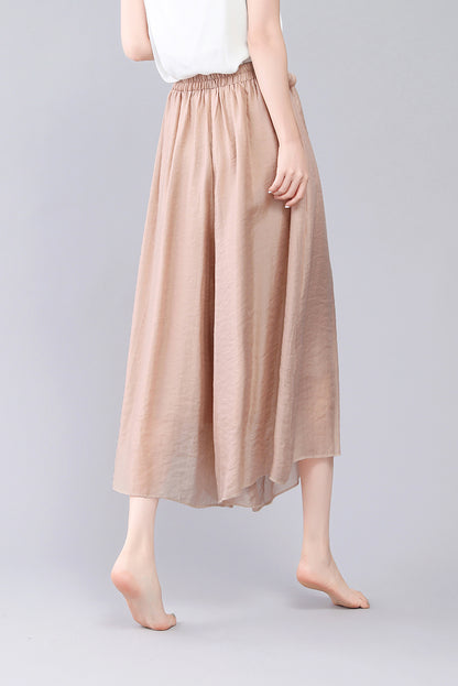 Cropped Wide Leg Summer High Elastic Waist Skirt Pants 3567