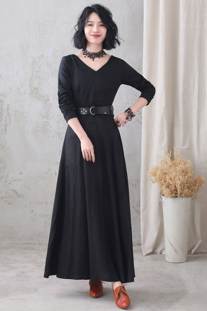 Black Linen Maxi Dress - Vintage Inspired A-Line Silhouette 3332