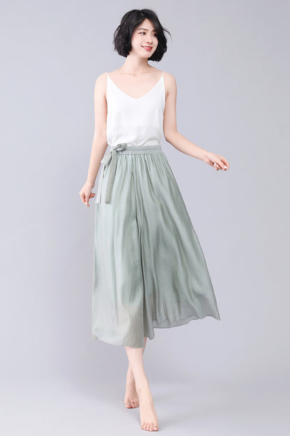 Women's Summer Palazzo Cropped Wide Leg Elastic Waist Pants 3568