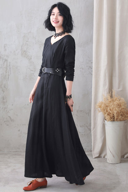 Black Linen Maxi Dress - Vintage Inspired A-Line Silhouette 3332