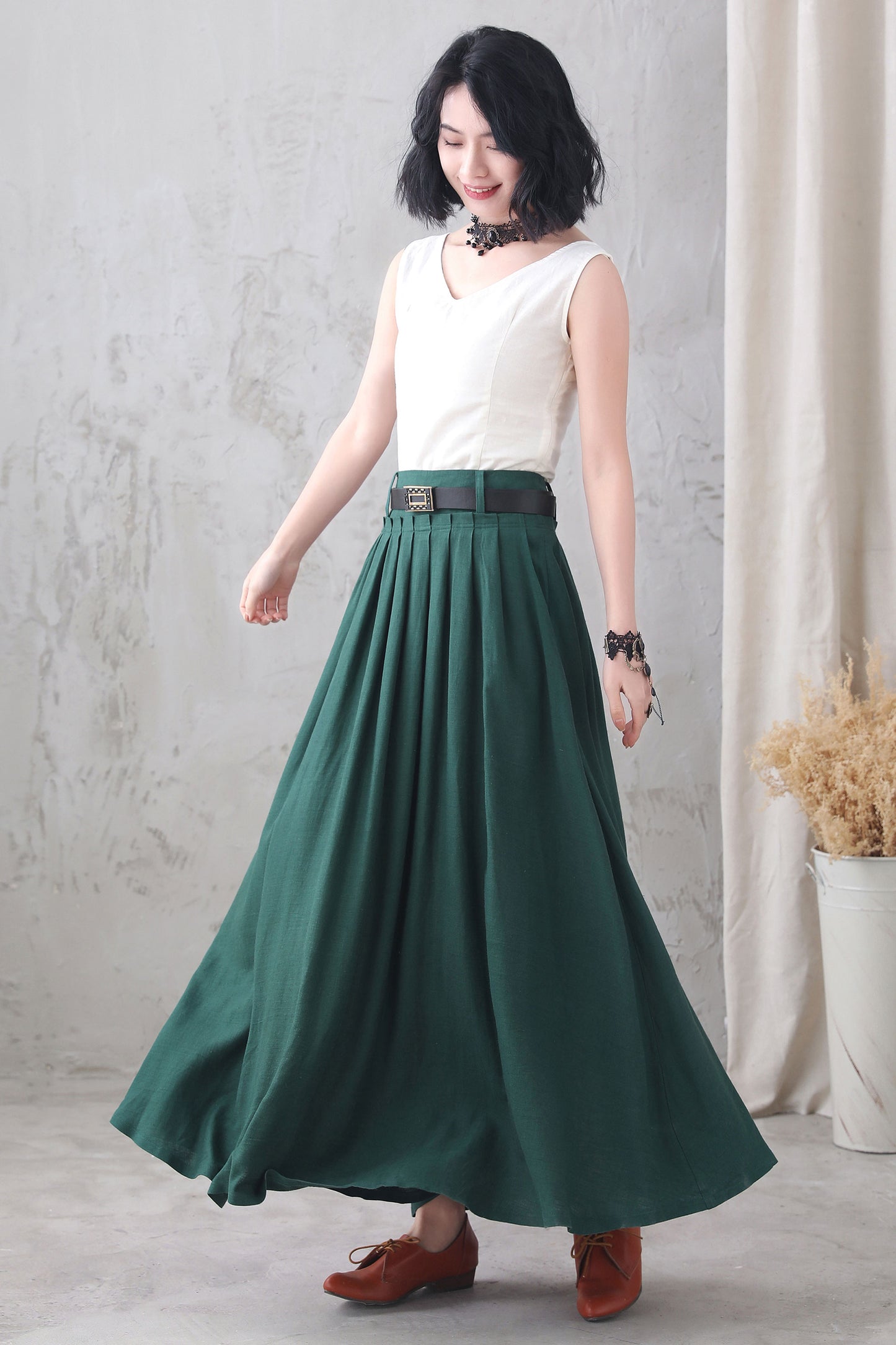 High waist Long pleated Swing skirt with pocket 3333
