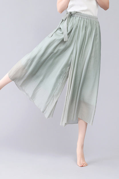 Women's Summer Palazzo Cropped Wide Leg Elastic Waist Pants 3568