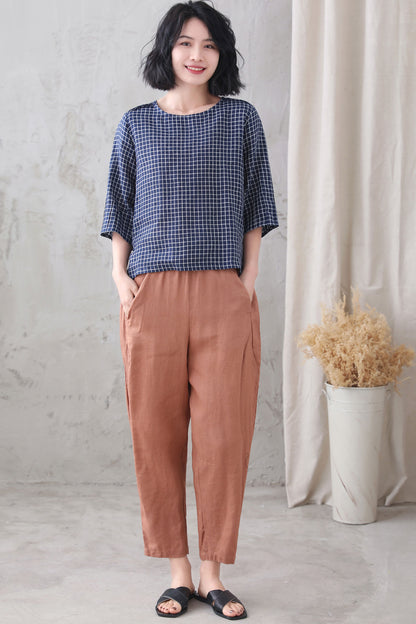 Blue Checked linen blouse 3336