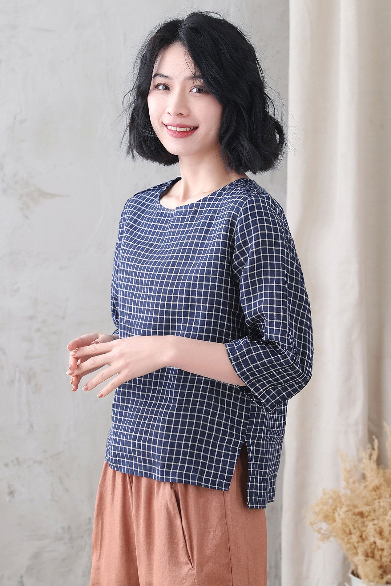 Blue Checked linen blouse 3336