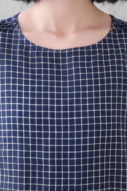 Blue Checked linen blouse 3336
