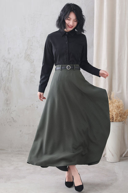 Plaid Cotton Linen Maxi Skirt - High Waist with Back Elastic 3347