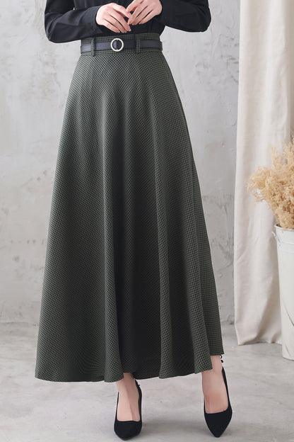 Plaid Cotton Linen Maxi Skirt - High Waist with Back Elastic 3347