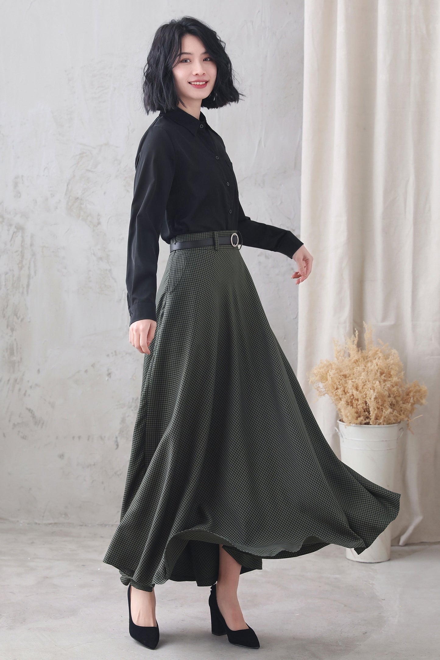 Plaid Cotton Linen Maxi Skirt Womens 3347