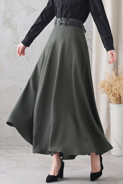 Plaid Cotton Linen Maxi Skirt - High Waist with Back Elastic 3347