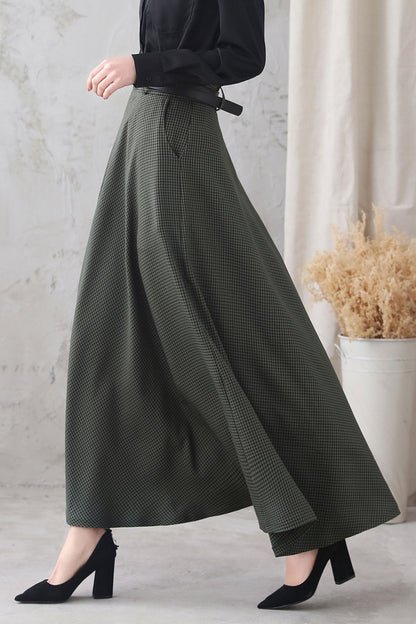 Plaid Cotton Linen Maxi Skirt - High Waist with Back Elastic 3347