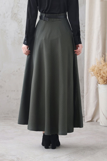 Plaid Cotton Linen Maxi Skirt - High Waist with Back Elastic 3347