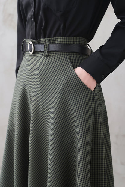Plaid Cotton Linen Maxi Skirt - High Waist with Back Elastic 3347