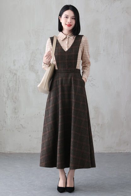Handmade Long Plaid Wool Pinafore Dress 3836