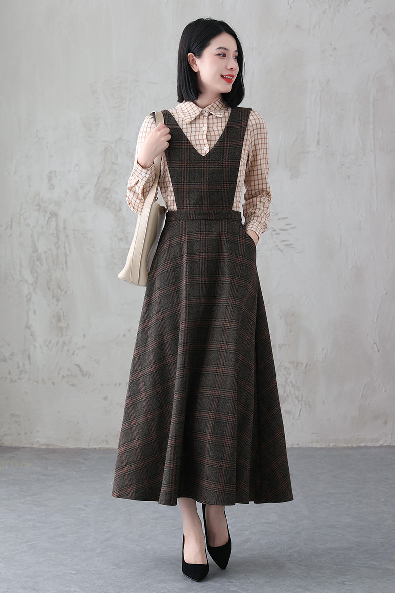 Long Plaid Wool Pinafore Dress 3836