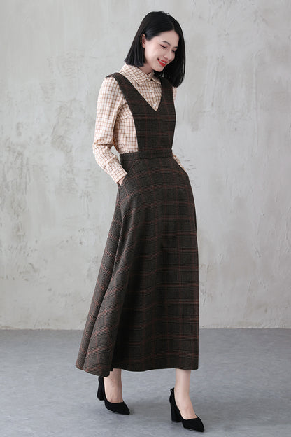 Handmade Long Plaid Wool Pinafore Dress 3836