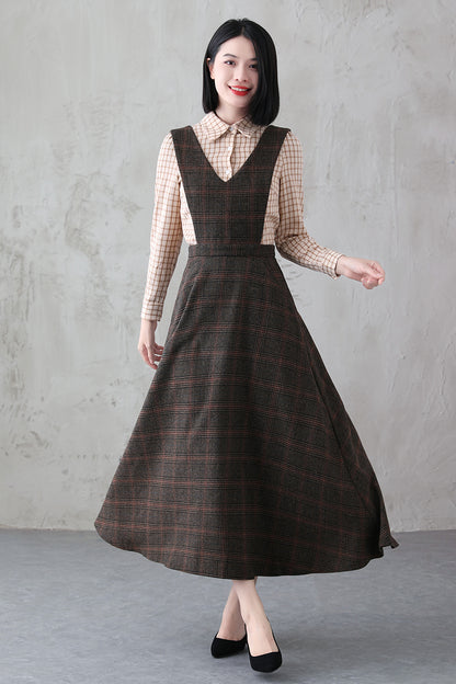 Handmade Long Plaid Wool Pinafore Dress 3836