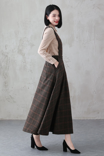 Handmade Long Plaid Wool Pinafore Dress 3836