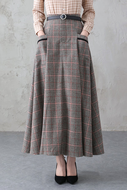 Plaid Wool Long Skirt - Retro Full Silhouette with Side Pockets 3837