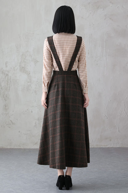Handmade Long Plaid Wool Pinafore Dress 3836