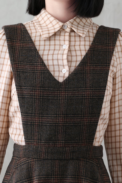 Handmade Long Plaid Wool Pinafore Dress 3836