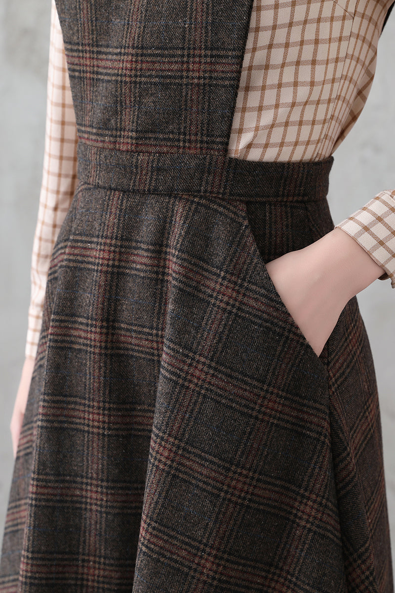 Plaid Wool Maxi Dress - Long Flowy Pinafore with V-Neck 3836