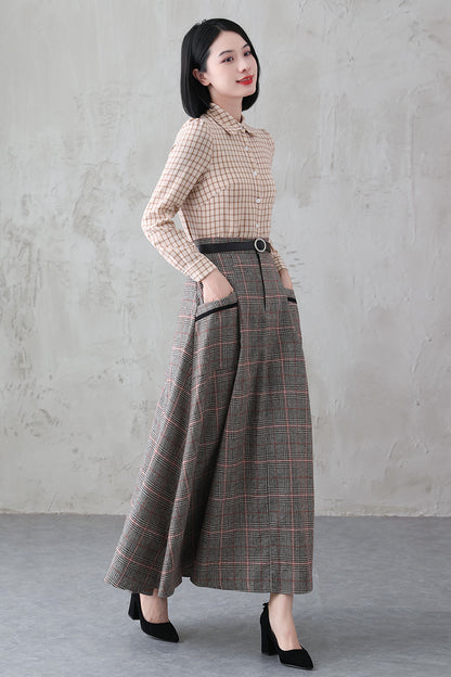 Plaid Wool Long Skirt - Retro Full Silhouette with Side Pockets 3837