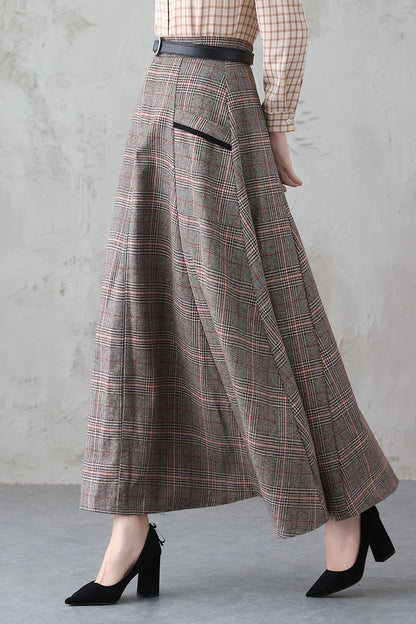 Plaid Wool Long Skirt - Retro Full Silhouette with Side Pockets 3837