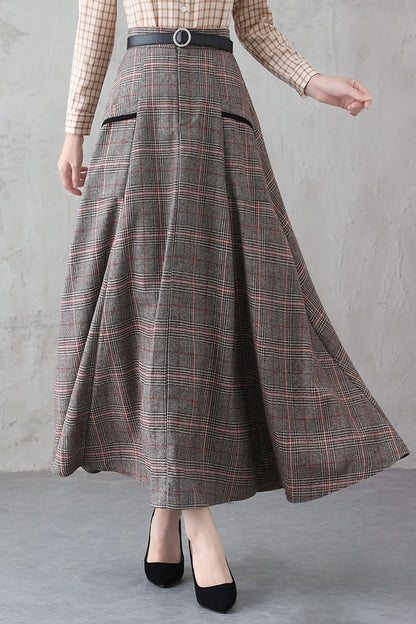 Plaid Wool Long Skirt - Retro Full Silhouette with Side Pockets 3837