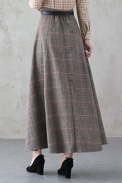 Plaid Wool Long Skirt - Retro Full Silhouette with Side Pockets 3837