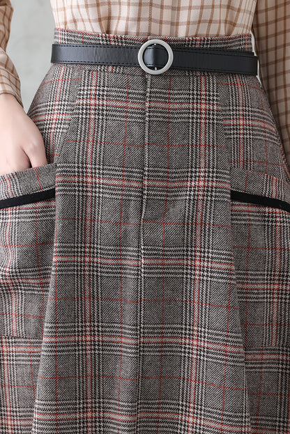 Plaid Wool Long Skirt - Retro Full Silhouette with Side Pockets 3837