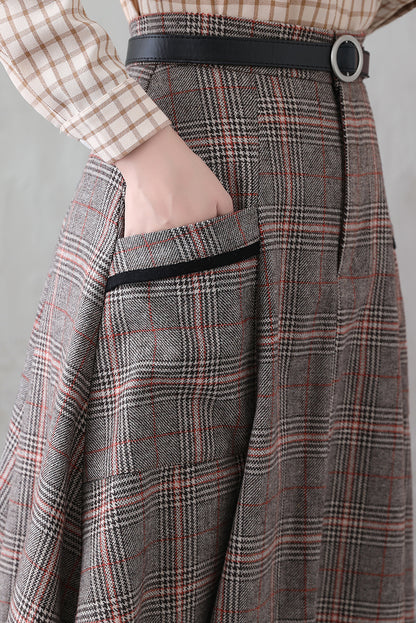 Plaid Wool Long Skirt - Retro Full Silhouette with Side Pockets 3837