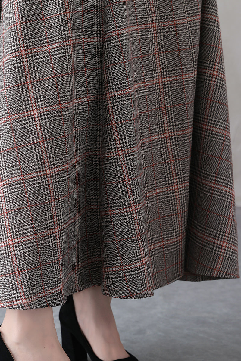 Women Retro Long Plaid Wool Skirt 3837