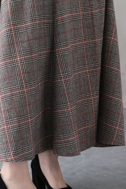 Plaid Wool Long Skirt - Retro Full Silhouette with Side Pockets 3837