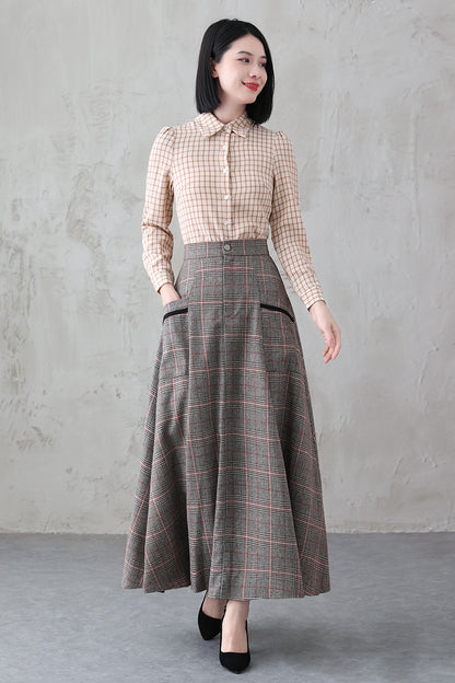 Plaid Wool Long Skirt - Retro Full Silhouette with Side Pockets 3837