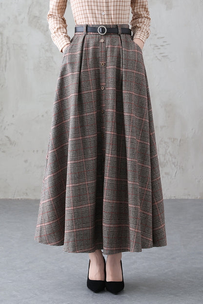 Plaid Wool Long A-Line Swing Skirt - Back Elastic Waist 3838