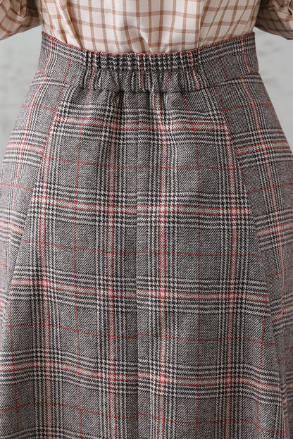 Plaid Wool Long Skirt - Retro Full Silhouette with Side Pockets 3837