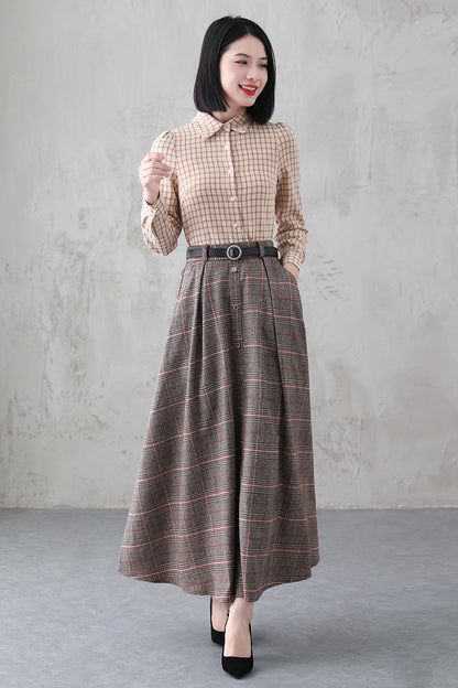 Plaid Wool Long A-Line Swing Skirt - Back Elastic Waist 3838