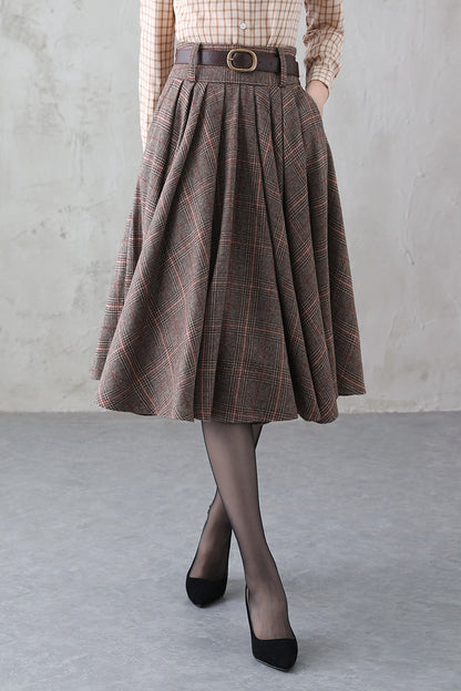 Handmade Brown Plaid Wool Midi Skirt – Vintage Pleated Circle Skirt | Xiaolizi  3839